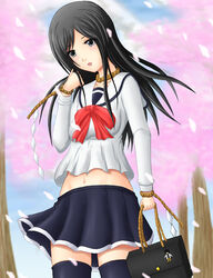  bag black_hair charm_(object) cherry_blossoms commentary_request fatal_frame fatal_frame_1 female grey_eyes himuro_kirie hinasaki_mafuyu long_hair rope school_uniform serafuku solo taira_shihito thighhighs 