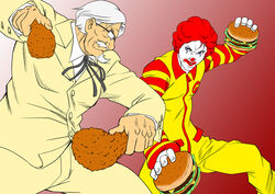  2boys afro angry battle blue_eyes burger chicken_(food) clown colonel_sanders commentary_request dual_wielding duel facepaint facial_hair fast_food fighting_stance food food_fight formal fried_chicken glasses goatee holding ikumo_taisuke jumpsuit kfc lapels m.u.g.e.n male_focus mcdonald&#039;s multiple_boys old old_man parody peaked_lapels red_hair ronald_mcdonald string_tie suit white_hair 