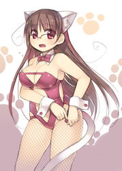  animal_ears arima_senne breasts brown_hair cat_ears cat_tail cleavage female fishnet_pantyhose fishnets glasses kashiwamochi_yomogi kemonomimi_mode kittysuit large_breasts long_hair mole mole_on_breast nontraditional_playboy_bunny original pantyhose photoshop_(medium) red_eyes solo sweat tail 