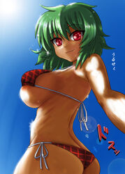  ass back bikini breasts colorized commentary_request female green_hair kazami_yuuka large_breasts lens_flare looking_back moumuri plaid plaid_bikini red_bikini red_eyes ribs sawa_(snack_yoshie) side-tie_bikini_bottom sideboob skindentation smile solo sun swimsuit touhou underboob 