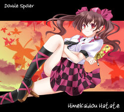  bikuto_ryuu brown_hair calligraphy_brush cellphone commentary_request double_spoiler female geta himekaidou_hatate orange_eyes paintbrush phone photoshop_(medium) pointy_ears skirt solo tengu-geta touhou twintails typo 