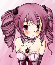  bad_id bad_pixiv_id bare_shoulders blush breasts detached_collar drill_hair female gloves greed_packet_unlimited jewelry medium_breasts monocle necklace photoshop_(medium) pink_background purple_eyes purple_hair purple_theme solo sony_ericsson_(greed_packet_unlimited) tapioka_(coconuts) twin_drills twintails 