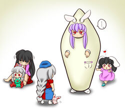  5girls animal_ears commentary_request everyone fujiwara_no_mokou hair_ribbon heart houraisan_kaguya inaba_tewi lolicon miimiia multiple_girls rabbit_ears reisen_udongein_inaba ribbon socks stuffed_animal stuffed_toy suppository touhou toy yagokoro_eirin 