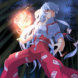  2girls bad_id bad_pixiv_id bamboo bamboo_forest bow caved_(touhou) cigarette ex-keine fire forest fujiwara_no_mokou hair_ribbon hairbow kamishirasawa_keine long_hair multiple_girls nature peeking_out red_eyes ribbon sarashi shadow stalking suspenders touhou wancozow when_you_see_it white_hair you_gonna_get_raped 