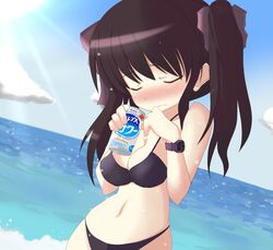  bikini black_hair blush can closed_eyes commentary_request drunk female kuronekogata long_hair original solo swimsuit twintails watch wristwatch 