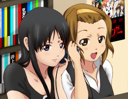  2girls akiyama_mio bad_id bad_pixiv_id black_eyes black_hair brown_eyes brown_hair casual catherine_(gintama) gintama hairband hattori_zenzou headphones hiraga_gengai k-on! kagura_(gintama) long_hair multiple_girls photoshop_(medium) poster_(object) sadaharu sakata_gintoki shimura_shinpachi short_hair tainaka_ritsu tennen_ahoke 