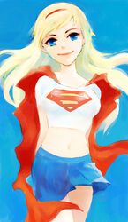  animification babydoll_t-shirt blonde_hair blue_eyes cape commentary_request crop_top cropped_shirt dc_comics female hairband long_hair midriff miniskirt navel skirt smile solo supergirl superman_(series) totoya_(hakarame) 