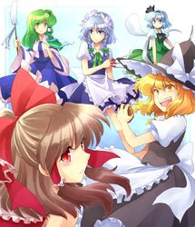  5girls blonde_hair blue_eyes blue_hair bow brown_hair colored_eyelashes commentary_request dual_wielding eyelashes frog green_eyes green_hair grey_hair hair_ornament hairbow hakurei_reimu hanjuku_tomato hat holding izayoi_sakuya katana kirisame_marisa knife kochiya_sanae konpaku_youmu konpaku_youmu_(ghost) maid maid_headdress mini-hakkero multiple_girls open_mouth purple_eyes red_eyes snake sword touhou weapon witch_hat yellow_eyes 