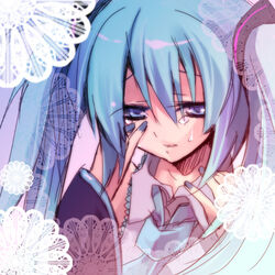  blue_eyes blue_hair detached_sleeves female hanepochi hatsune_miku long_hair lowres necktie photoshop_(medium) solo tears vocaloid 