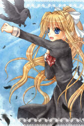  air_(visual_novel) bad_id bad_pixiv_id bird blonde_hair blue_eyes commentary_request crow female hinokami_sakura kamio_misuzu long_hair photoshop_(medium) ponytail school_uniform solo sora_(air) very_long_hair 