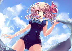  aged_up alternate_breast_size artistic_error bad_hands blonde_hair blue_eyes breasts commentary_request female food from_below hair_ribbon large_breasts lens_flare mouth_hold one-piece_swimsuit photoshop_(medium) popsicle ribbon rumia s_black school_swimsuit short_hair solo swimsuit touhou towel water wrong_hand 