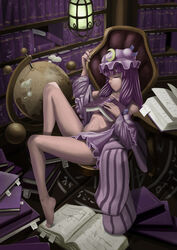  bad_id bad_pixiv_id barefoot bespectacled book bookmark bookshelf breasts control5 convenient_censoring crescent crescent_hat_ornament feet female glasses globe hat hat_ornament highres indoors legs library long_hair magic_circle medium_breasts nude open_clothes patchouli_knowledge photoshop_(medium) purple_hair ribbon sleeping solo striped touhou underboob voile 