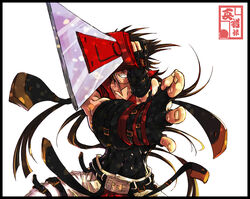  1boy abs bad_id bad_pixiv_id belt brown_hair covering_face covering_own_eyes fingerless_gloves fireseal gloves grin guilty_gear long_hair male_focus muscular photoshop_(medium) simple_background sleeveless smile sol_badguy solo spiked_hair sword teeth weapon yukikaseni 