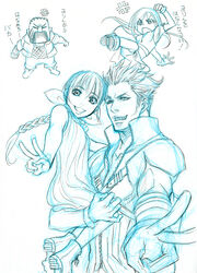  2boys 2girls angry applemac aqua_theme barret_wallace braid chibi commentary_request final_fantasy final_fantasy_vii final_fantasy_vii_advent_children highres holding kicking long_hair loz marlene_wallace monochrome multiple_boys multiple_girls oerba_yun_fang open_mouth photoshop_(medium) short_hair sketch smile tifa_lockhart translated v 