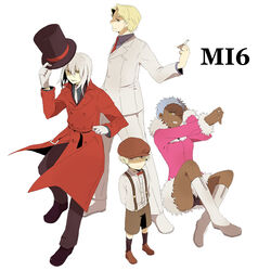  3boys april_(darker_than_black) august_7 blonde_hair blue_eyes blue_hair boots bow bowtie cabbie_hat cigarette coat commentary_request dark_skin darker_than_black female formal fur gloves hat july_(darker_than_black) leghorn looking_back multiple_boys necktie november_11_(darker_than_black) one_eye_closed short_hair sitting suit suspenders top_hat traditional_bowtie trench_coat unworn_hat unworn_headwear white_hair yellow_eyes 