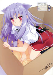  2girls absurdres animal_ears box cardboard_box cat_ears for_adoption highres in_box in_container kani_biimu kiriya_nozomi long_hair mayoi_neko_overrun! multiple_girls purple_hair scan school_uniform tsuzuki_otome 