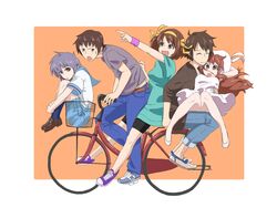  2boys 3girls :d :o ^_^ asahina_mikuru back-to-back bare_legs belt bicycle bicycle_basket bike_shorts blue_pants blue_sailor_collar blue_skirt blue_socks brown_belt brown_eyes brown_footwear brown_hair casual closed_eyes commentary_request d: denim dress endless_eight green_shirt hair_ribbon hugging_own_legs in_basket kita_high_school_uniform knees_together_feet_apart koizumi_itsuki kyon loafers multiple_boys multiple_girls multiple_riders nagato_yuki no_socks open_mouth orange_background pants pillion pink_dress purple_footwear purple_hair purple_shirt ribbon riding sailor_collar school_uniform serafuku shirt shoes short_sleeves shorts sitting sitting_on_lap sitting_on_person skirt smile socks summer_uniform suzumiya_haruhi suzumiya_haruhi_no_yuuutsu t-shirt white_footwear white_shirt wristband yellow_ribbon zuwako 