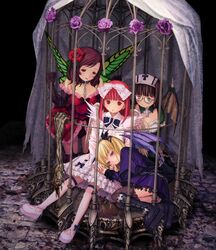  4girls angel_wings bat_wings birdcage black_hair blonde_hair bondage bondage bound bow butterfly_wings cage casper_(deathsmiles) chains choker collar deathsmiles dragon_wings dress fairy follett_(deathsmiles) garter_straps highres in_cage inoue_jun&#039;ya insect_wings leash lolita_fashion multiple_girls nurse official_art red_hair ribbon rosa_(deathsmiles) shoes slave thighhighs windia_(deathsmiles) wings 