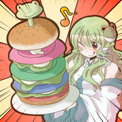  bad_food burger commentary_request detached_sleeves female food food_focus frog green_hair hair_ornament kochiya_sanae long_hair monomi_(nasdai) musical_note one_eye_closed sesame_seeds smile solo too_much_burger touhou 