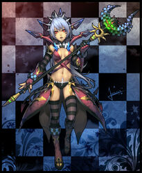  abs blue_hair breasts checkered_background cleavage commentary_request female fingerless_gloves gloves hair_ornament headwear_request lvans medium_breasts midriff navel original photoshop_(medium) red_eyes solo staff striped_clothes striped_thighhighs thighhighs 