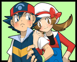  1boy amada baseball_cap brown_eyes brown_hair cabbie_hat commentary_request couple female fingerless_gloves gloves hand_on_own_hip hat hat_ribbon lyra_(pokemon) pokemon pokemon_(anime) pokemon_dppt_(anime) red_ribbon ribbon satoshi_(pokemon) straight sweatdrop twintails 