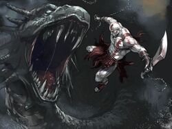  1boy bald battle beard blades_of_chaos bodypaint chain_blades chains commentary_request dragon facial_hair foreshortening god_of_war greek_mythology hydra junny kratos_(god_of_war) male_focus monster muscular saliva solo sword teeth weapon 