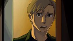  1boy anime_screenshot blonde_hair cameo door jacket james_sunderland male_focus non-web_source peeking_out portrait scared silent_hill:_shattered_memories silent_hill_(series) silent_hill_1 silent_hill_2 solo sweatdrop worried 