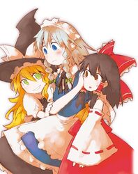  3girls blonde_hair blush commentary_request hakurei_reimu hat izayoi_sakuya kirisame_marisa multiple_girls pekomaru ribbon short_hair touhou witch_hat 