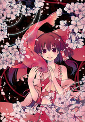  bow cherry_blossoms commentary_request female fish hairbow hakurei_reimu highres open_mouth ponytail red_bow siva solo touhou 