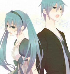  1boy aqua_hair bad_id bad_pixiv_id dual_persona earrings female genderswap_(ftm) green_eyes hairband hatsune_miku hatsune_mikuo jewelry long_hair musical_note necktie noru_(lila2) open_mouth rule_63 twintails vocaloid 