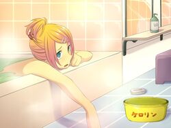  aqua_eyes arm_rest bad_id bad_pixiv_id bar_soap bath bath_stool bathing bathroom bathtub bent_over clenched_hand completely_nude female folded_ponytail from_side furrowed_brow hair_ornament hair_up hairclip head_rest indoors kagamine_rin kerorin_(brand) kiya_machi looking_afar mirror nude open_mouth orange_hair outstretched_arm partially_submerged product_placement shelf short_hair sidelocks soap_bottle solo steam stool swept_bangs tile_floor tile_wall tiles translated vocaloid washbowl water 