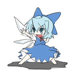  barefoot blue_bow blue_dress blue_eyes blue_hair bow cirno commentary_request detached_wings dress female full_body hair_between_eyes hairbow neck_ribbon open_mouth pinafore_dress puffy_short_sleeves puffy_sleeves red_ribbon ribbon shirt short_sleeves sketch sleeveless sleeveless_dress solo standing touhou v-shaped_eyebrows wabi_(wbsk) white_shirt wings 