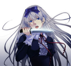  axis_powers_hetalia bad_id bad_pixiv_id belarus_(hetalia) blue_eyes bow breasts dress female grey_hair hairbow hitori_(edge) knife large_breasts licking licking_blade licking_weapon long_hair ribbon solo tongue weapon 