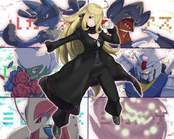  bad_id bad_pixiv_id blonde_hair crossover cynthia_(pokemon) female garchomp gundam holding holding_poke_ball long_hair lucario milotic mobile_suit_gundam niccohudou odd_one_out photoshop_(medium) poke_ball poke_ball_(basic) pokemon pokemon_(creature) pokemon_dppt roserade rx-78-2 spiritomb yellow_eyes 