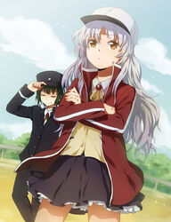  1boy angel_beats! baseball_cap blazer closed_eyes commentary_request crossed_arms female green_hair hat hat_tip jacket long_hair naoi_ayato open_clothes open_jacket photoshop_(medium) school_uniform skirt tachibana_kanade track_jacket yellow_eyes zhuo_mi 