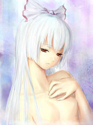  commentary_request female fujiwara_no_mokou hair_ribbon kath nude photoshop_(medium) ribbon solo touhou upper_body white_hair 