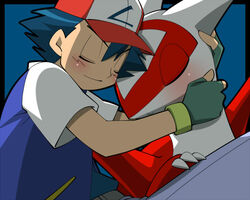  1boy amada baseball_cap closed_eyes commentary_request female fingerless_gloves gloves hat hug latias pokemon pokemon_(anime) pokemon_(classic_anime) pokemon_(creature) pokemon_heroes:_latios_&amp;_latias satoshi_(pokemon) sitting smile 