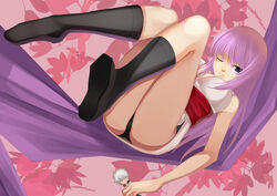  1boy black_socks commentary_request female gintama legs long_hair no_eyewear one_eye_closed paku photoshop_(medium) purple_hair sakata_gintoki sarutobi_ayame socks 