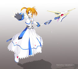  aito_(indigorabbit) blue_eyes brown_hair commentary_request female fingerless_gloves full_body gloves hair_ribbon highres lyrical_nanoha mahou_shoujo_lyrical_nanoha mahou_shoujo_lyrical_nanoha_the_movie_1st painttool_sai_(medium) raising_heart raising_heart_(cannon_mode) ribbon solo takamachi_nanoha takamachi_nanoha_(movie_1st_mode) twintails weapon 