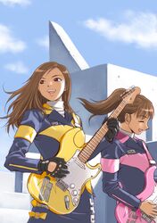  2girls animification brown_eyes brown_hair closed_eyes clothes_writing commentary_request guitar instrument kodou_koume long_hair multiple_girls ponytail reimon_marika s.p.d._uniform smile super_sentai tokusou_sentai_dekaranger yusao 