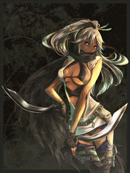  bad_id bad_pixiv_id belt bleach boots border bra breasts cleavage cosplay covering_own_mouth dagger dark-skinned_female dark_skin dual_wielding feathers female fighting_stance fingerless_gloves garter_straps gloves hair_ornament hair_ribbon highres holding holster knife large_breasts lingerie long_hair outside_border ponytail resident_evil resident_evil_(movie) reverse_grip ribbon scarf shihouin_yoruichi silver_hair sleeveless solo suribachi_(miyabi) thigh_boots thigh_holster thigh_strap thighhighs underwear weapon yellow_eyes 