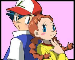  1boy :o amada back-to-back baseball_cap blue_eyes blush_stickers braid brown_hair commentary_request couple female hat macy_(pokemon) pokemon pokemon_(anime) pokemon_(classic_anime) satoshi_(pokemon) straight twin_braids 