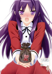  absurdres blush confession dress female fujino_tamao gift gift_bag hands heart highres holding holding_gift incoming_gift kani_biimu long_hair looking_at_viewer mayoi_neko_overrun! open_mouth purple_eyes purple_hair scan school_uniform solo upper_body valentine very_long_hair 