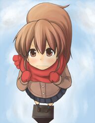  bad_id bad_pixiv_id blush brown_eyes brown_hair female foreshortening from_above frown gloves koa ponytail scarf skirt solo standing taneshima_popura tears working!! 