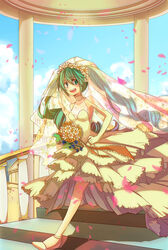  bad_id bad_pixiv_id bouquet bridal_veil bride choker cloud day dress female flower gown green_eyes green_hair hatsune_miku highres long_hair petals photoshop_(medium) pillar running sky smile solo stairs twintails veil vocaloid wedding_dress zanunoneko 