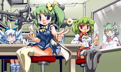  0_0 4girls absurdres antennae ascot bad_hands black_thighhighs blue_eyes blue_hair blush blush_stickers bottle bow candy cape card cirno daiyousei dress food foreshortening garter_straps green_eyes green_hair hairbow headphones highres holding holding_card kazami_yuuka lollipop microphone multiple_girls open_mouth panties pantyshot plaid plaid_skirt plaid_vest postcard radio_booth red_eyes short_hair side_ponytail sitting skirt skirt_set studio_microphone sukiyo swirl_lollipop table thighhighs touhou underwear vest water_bottle white_panties window wings wriggle_nightbug 