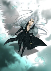  1boy applemac commentary_request feathers final_fantasy final_fantasy_vii final_fantasy_vii_advent_children from_above gloves green_eyes highres left-handed lips long_hair looking_up male_focus photoshop_(medium) sephiroth shadow solo sword weapon white_hair 