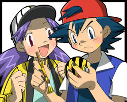  1boy amada art_brush backwards_hat baseball_cap casey_(pokemon) commentary_request female hat holding holding_poke_ball open_mouth paint paintbrush painting_(action) poke_ball pokemon pokemon_(anime) pokemon_(classic_anime) purple_hair satoshi_(pokemon) twintails 