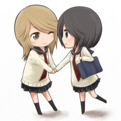  2girls bad_id bad_pixiv_id chibi girl_friends_(manga) holding_hands kumakura_mariko multiple_girls naraken_(girlfriends) one_eye_closed oohashi_akiko yuri 