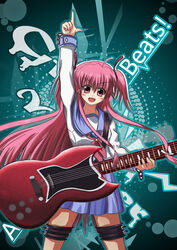  angel_beats! belt commentary_request female guitar instrument long_hair photoshop_(medium) pink_eyes pink_hair rayhwang school_uniform serafuku solo thigh_strap two_side_up yui_(angel_beats!) 